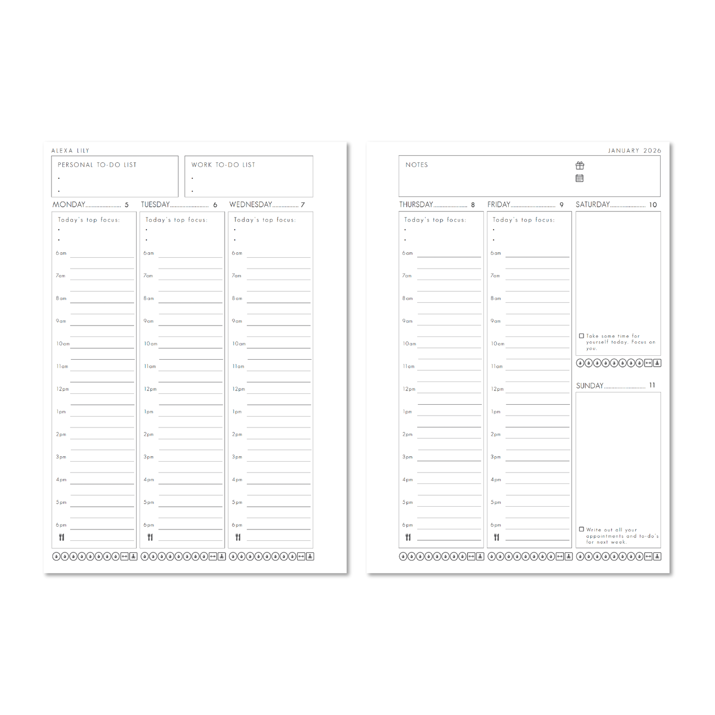 Alexa Lily 2026 weekly planner open to weekly layout with time slots and to-do lists