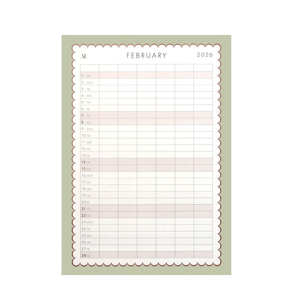 Alexa Lily South Africa 2026 family calendar planner February page with multiple columns and muted green border
