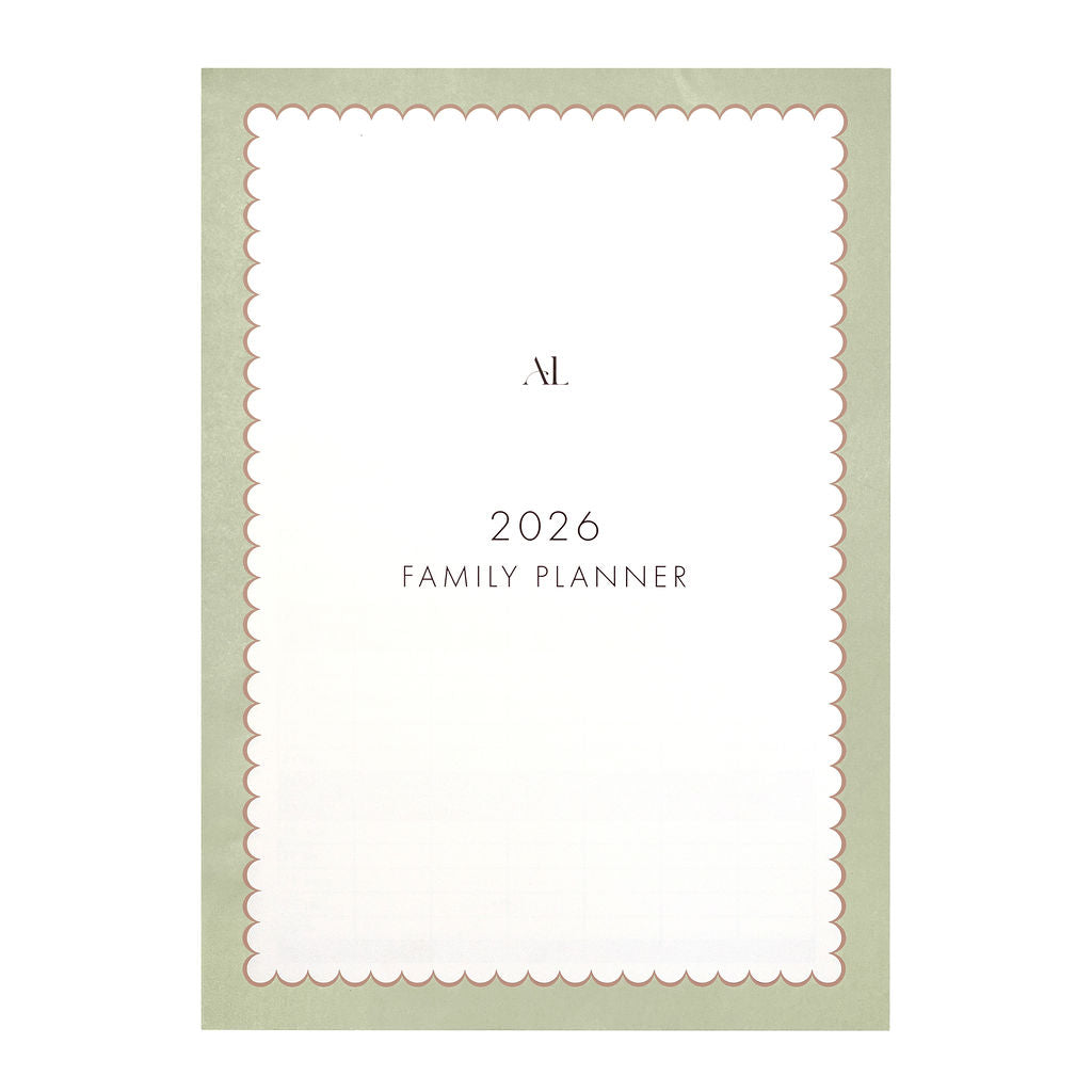 Alexa Lily South Africa 2026 family calendar planner with minimalist white and green scalloped border design