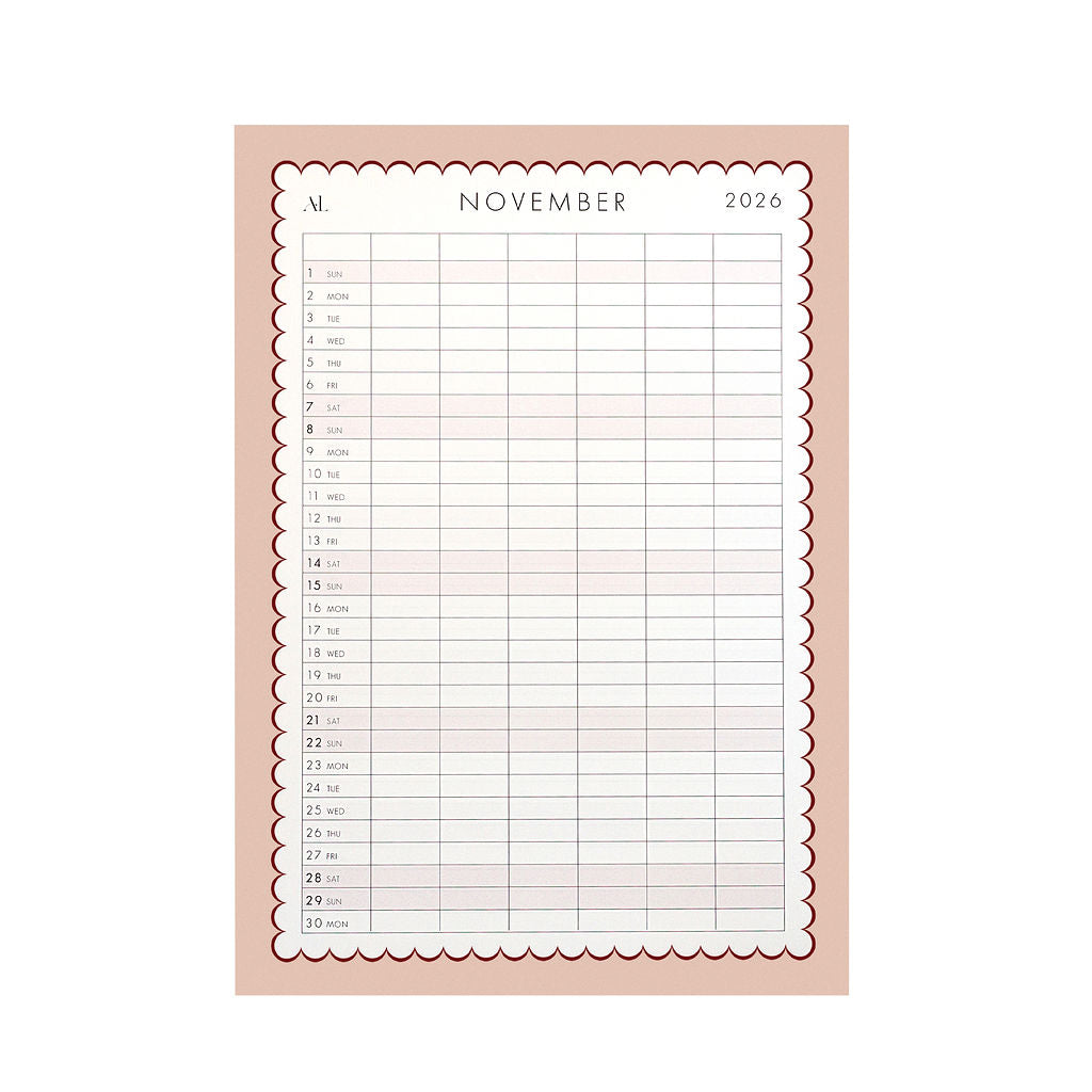 November page of 2026 family calendar planner by Alexa Lily South Africa with scalloped border and daily columns