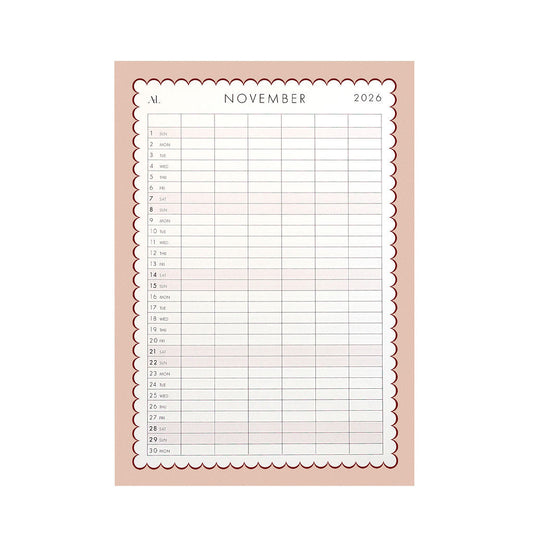 November page of 2026 family calendar planner by Alexa Lily South Africa with scalloped border and daily columns
