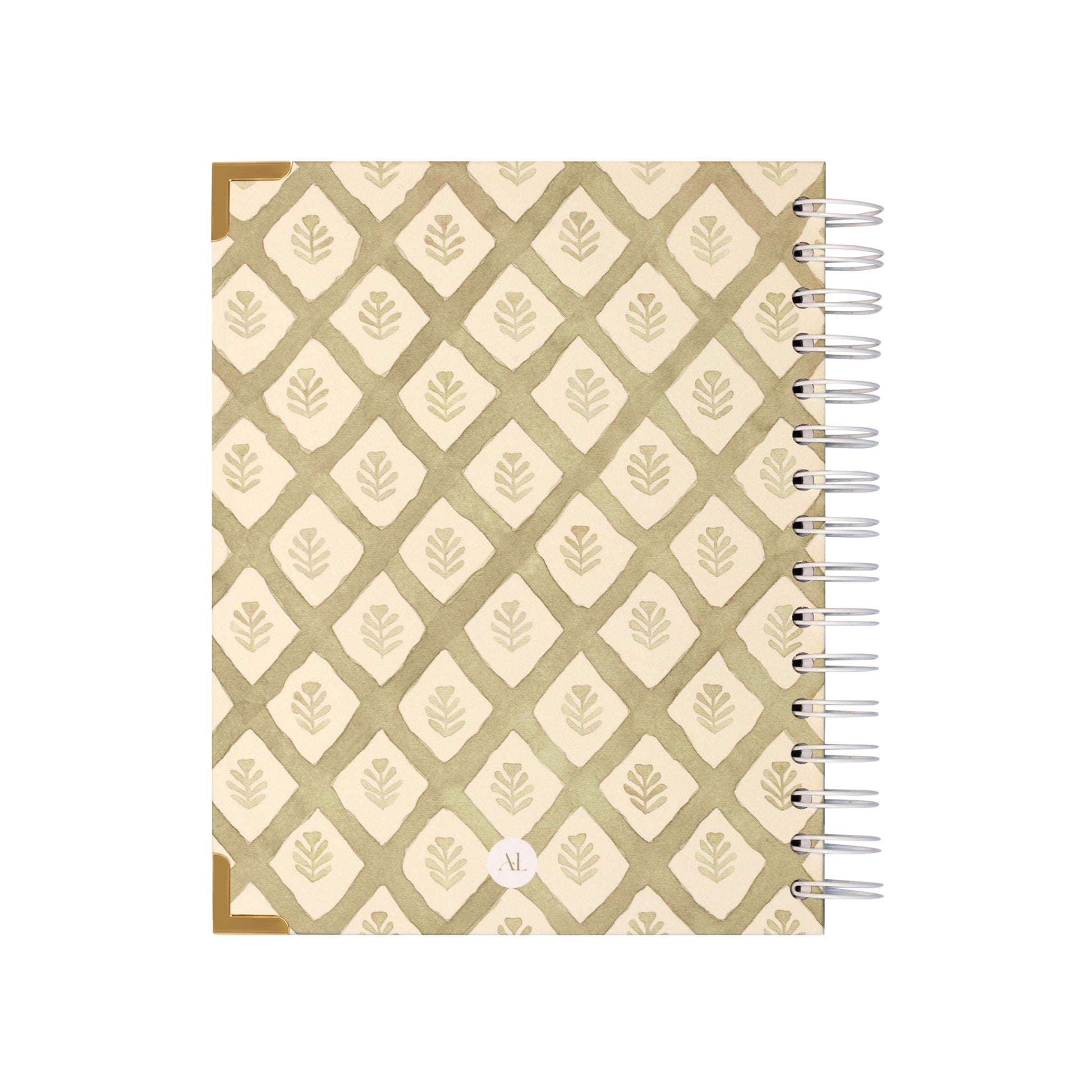 Alexa Lily 2026 weekly planner with beige and green geometric leaf pattern and spiral binding