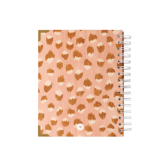 Alexa Lily 2026 daily planner with pink and brown leopard print cover and spiral binding