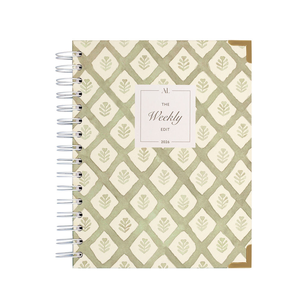 Alexa Lily 2026 weekly planner with green diamond leaf pattern and spiral binding