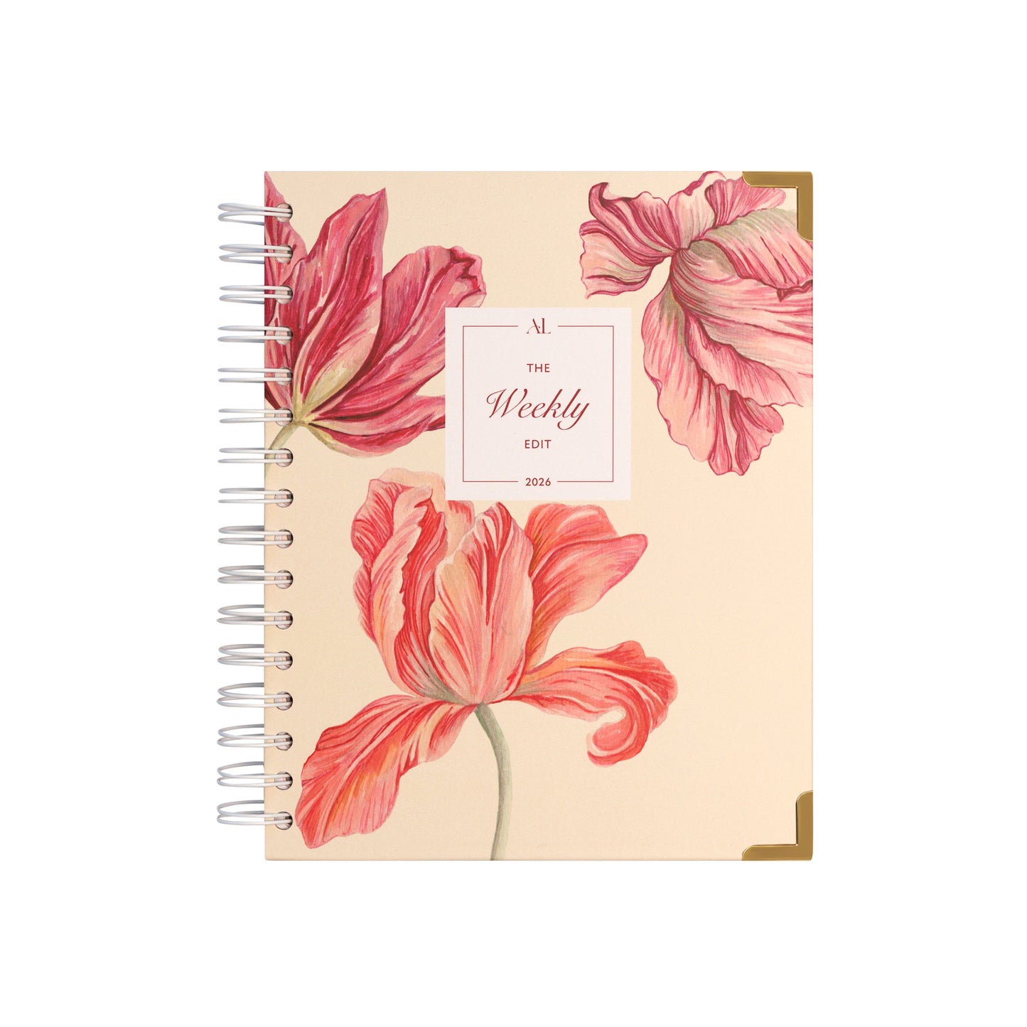 Alexa Lily 2026 weekly planner with pink and red floral cover and spiral binding
