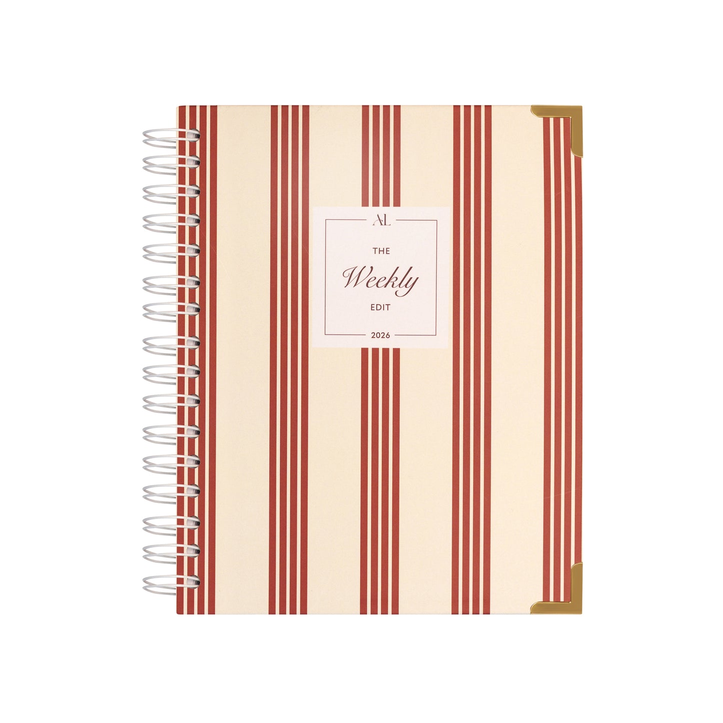 Alexa Lily 2026 weekly planner with red stripes and metal corner protectors spiral bound