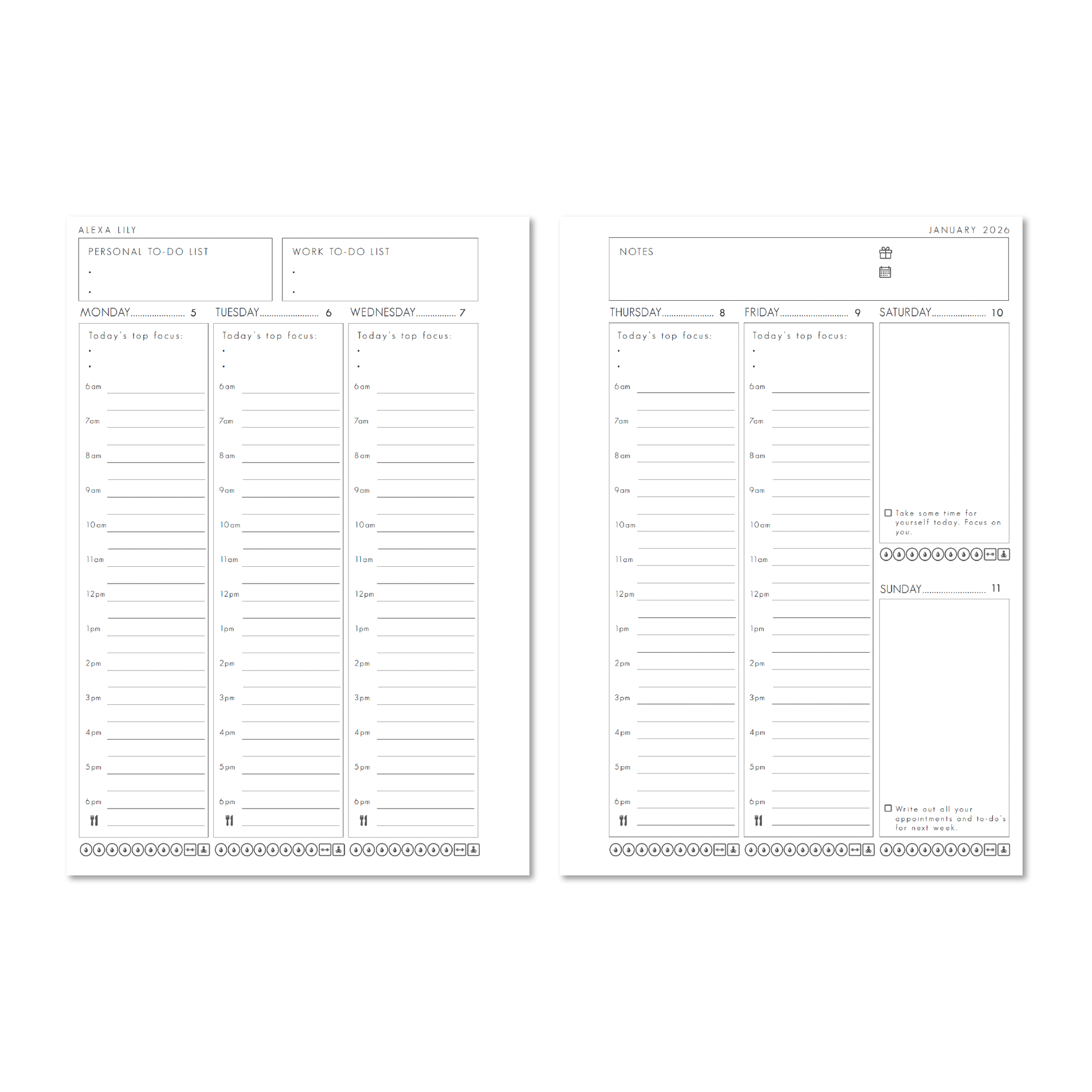 Alexa Lily 2026 weekly planner open to weekly layout with time slots and to-do lists