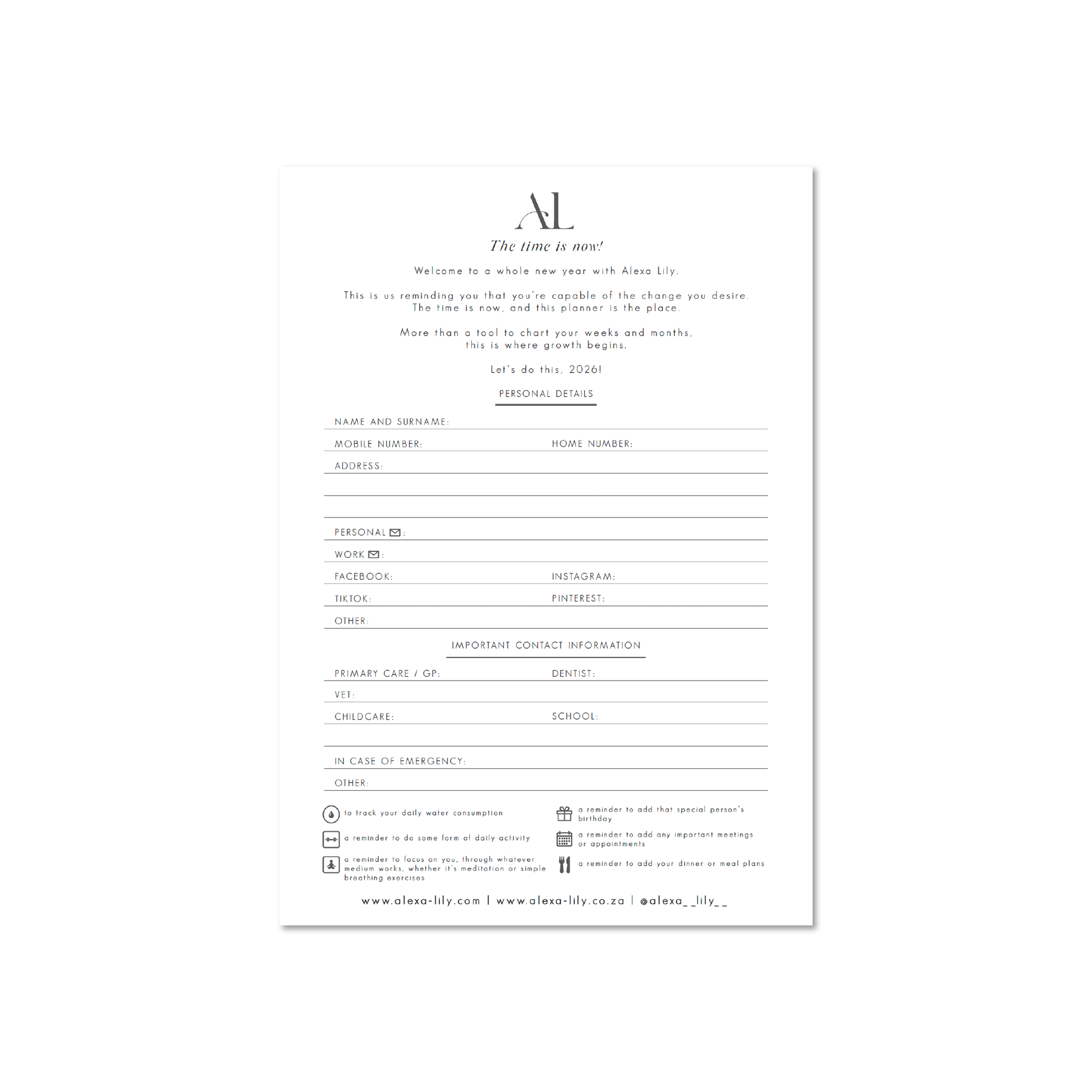 Alexa Lily 2026 weekly planner personal details information page with contact and emergency info fields
