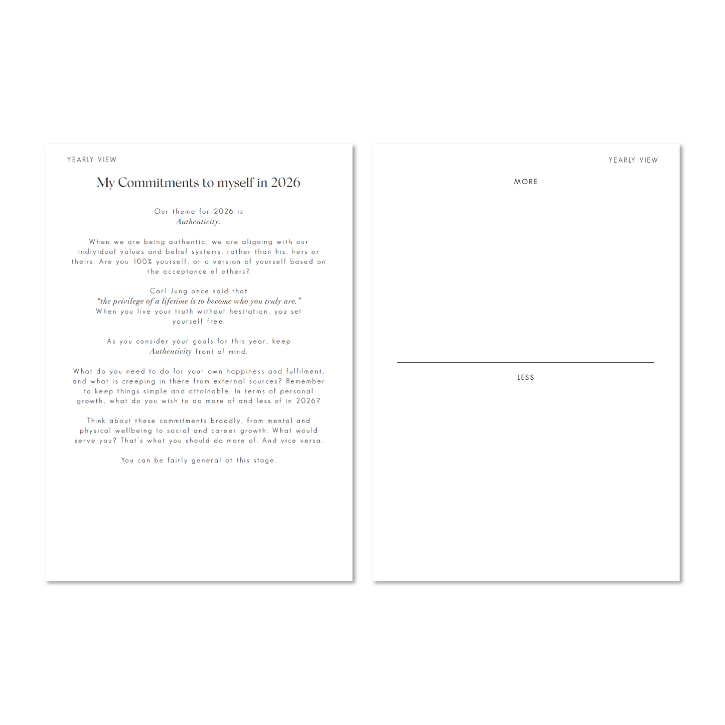 Alexa Lily 2026 weekly planner pages showing yearly view with personal commitments and goal setting prompts