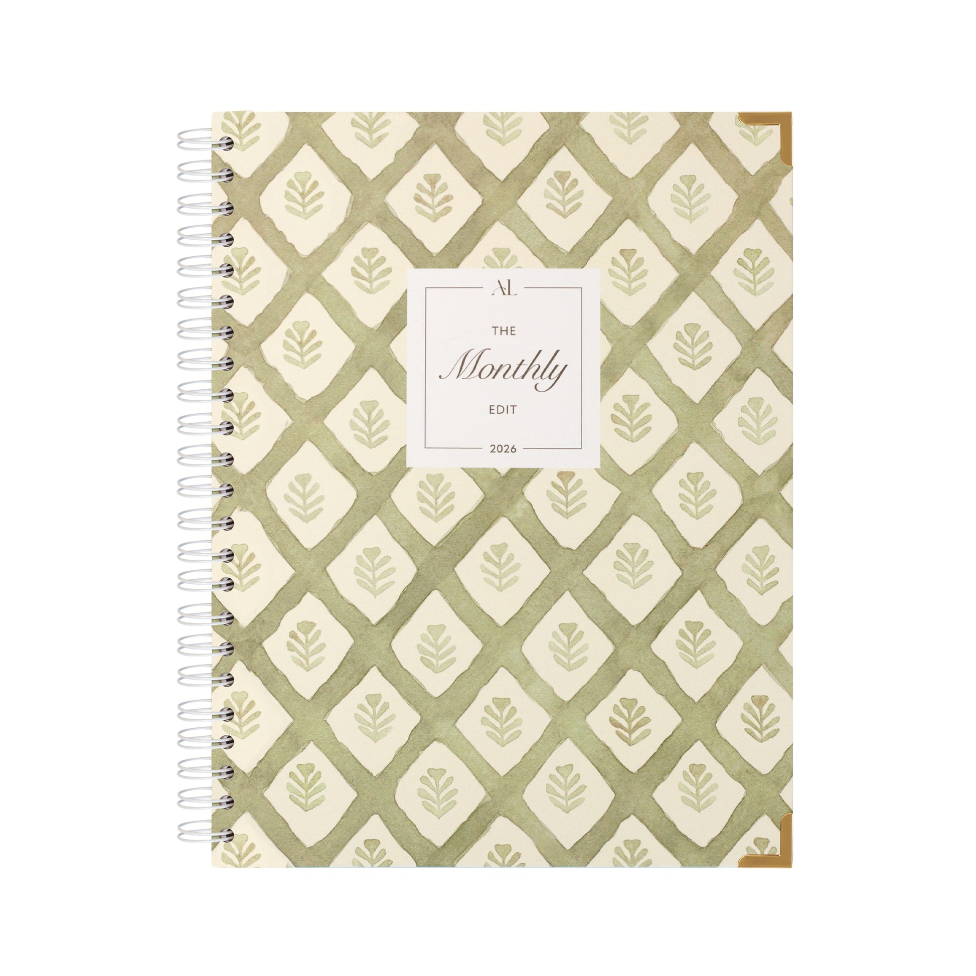 Alexa Lily planner with green leaf pattern, the best monthly organizer for 2026, spiral bound