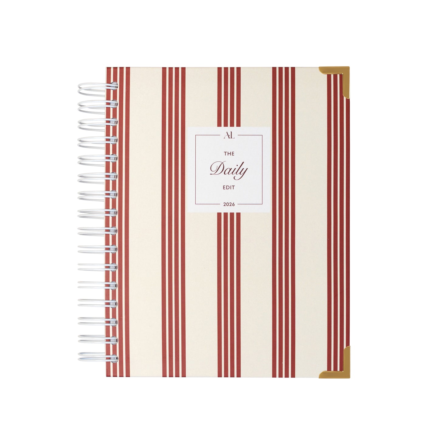 Alexa Lily 2026 daily planner with red and white vertical stripes and gold corner protectors