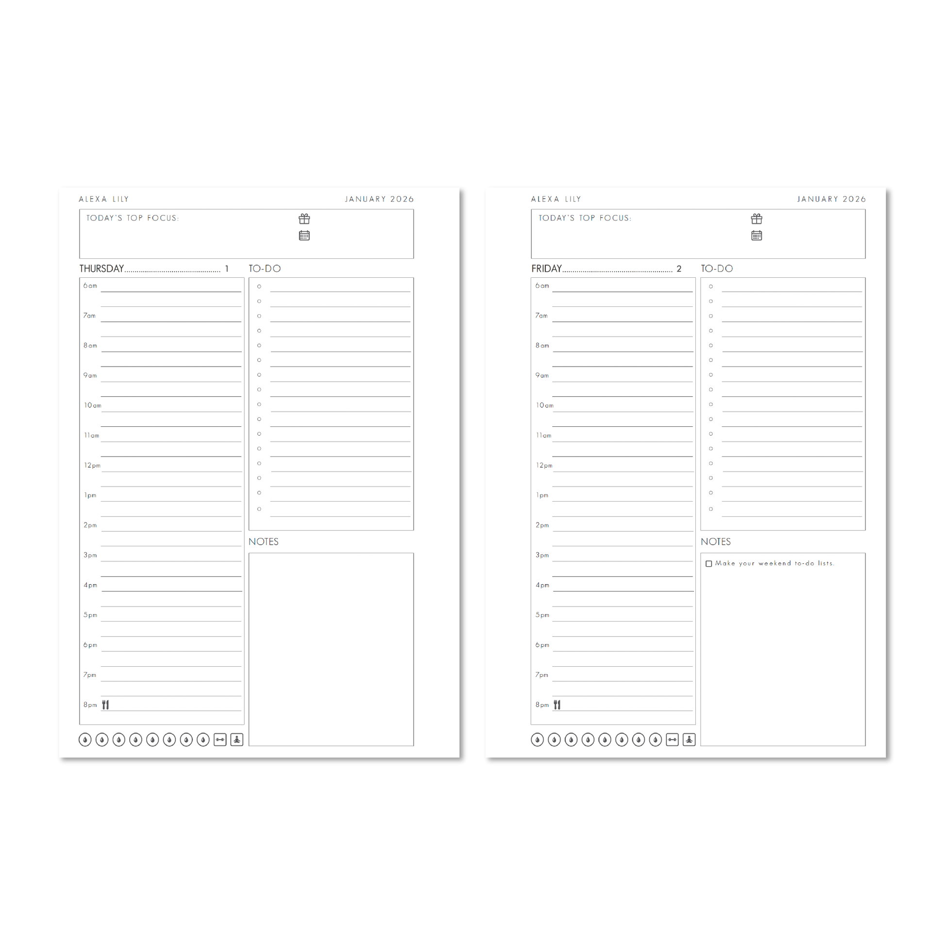 Alexa Lily 2026 daily planner open to two pages with hourly schedule and to-do list layout