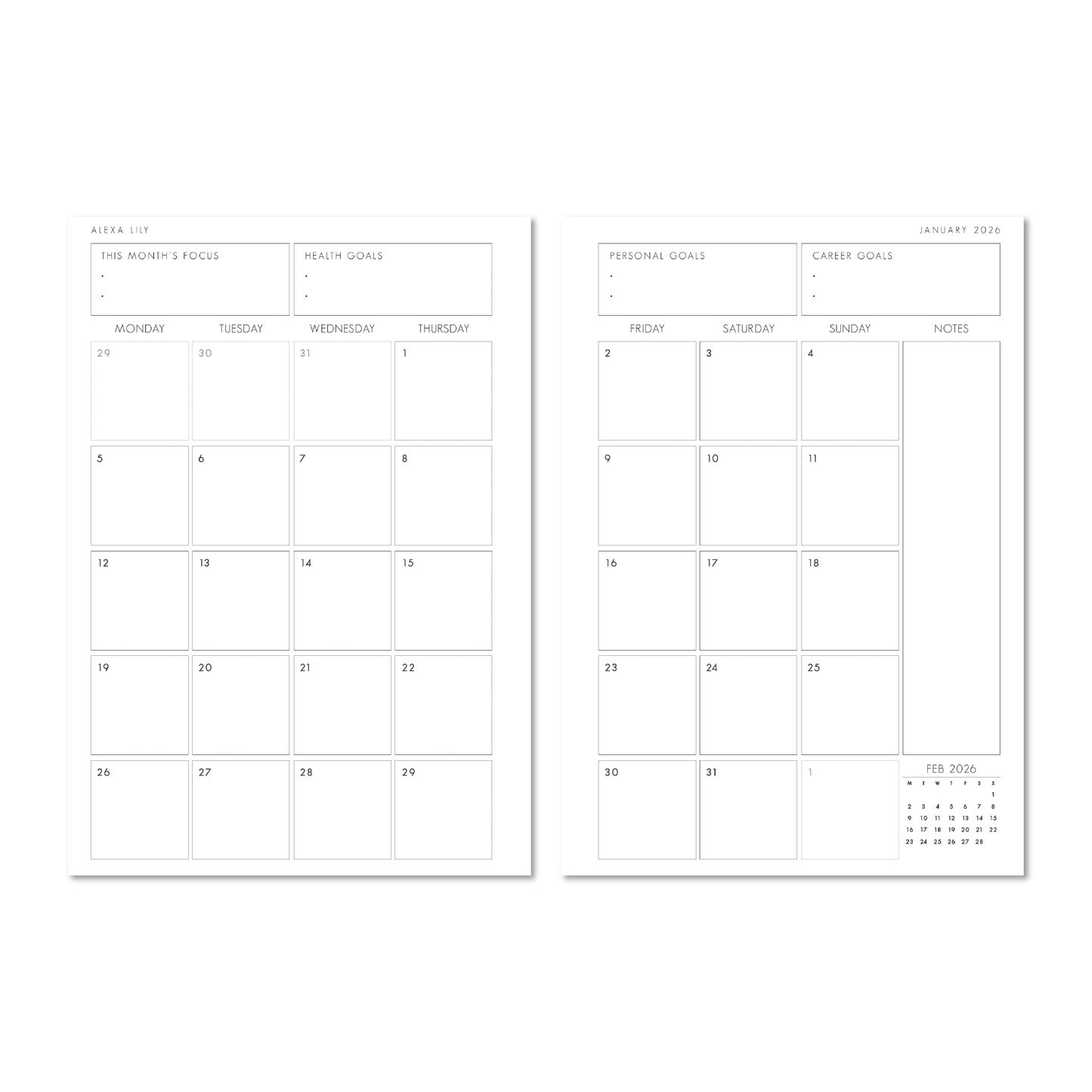 Alexa Lily 2026 daily planner with monthly layout and sections for health, personal, and career goals