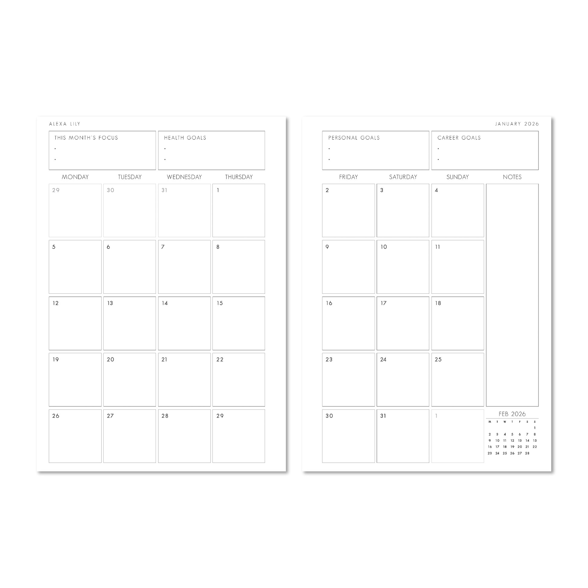 Alexa Lily 2026 daily planner with monthly layout and sections for health, personal, and career goals