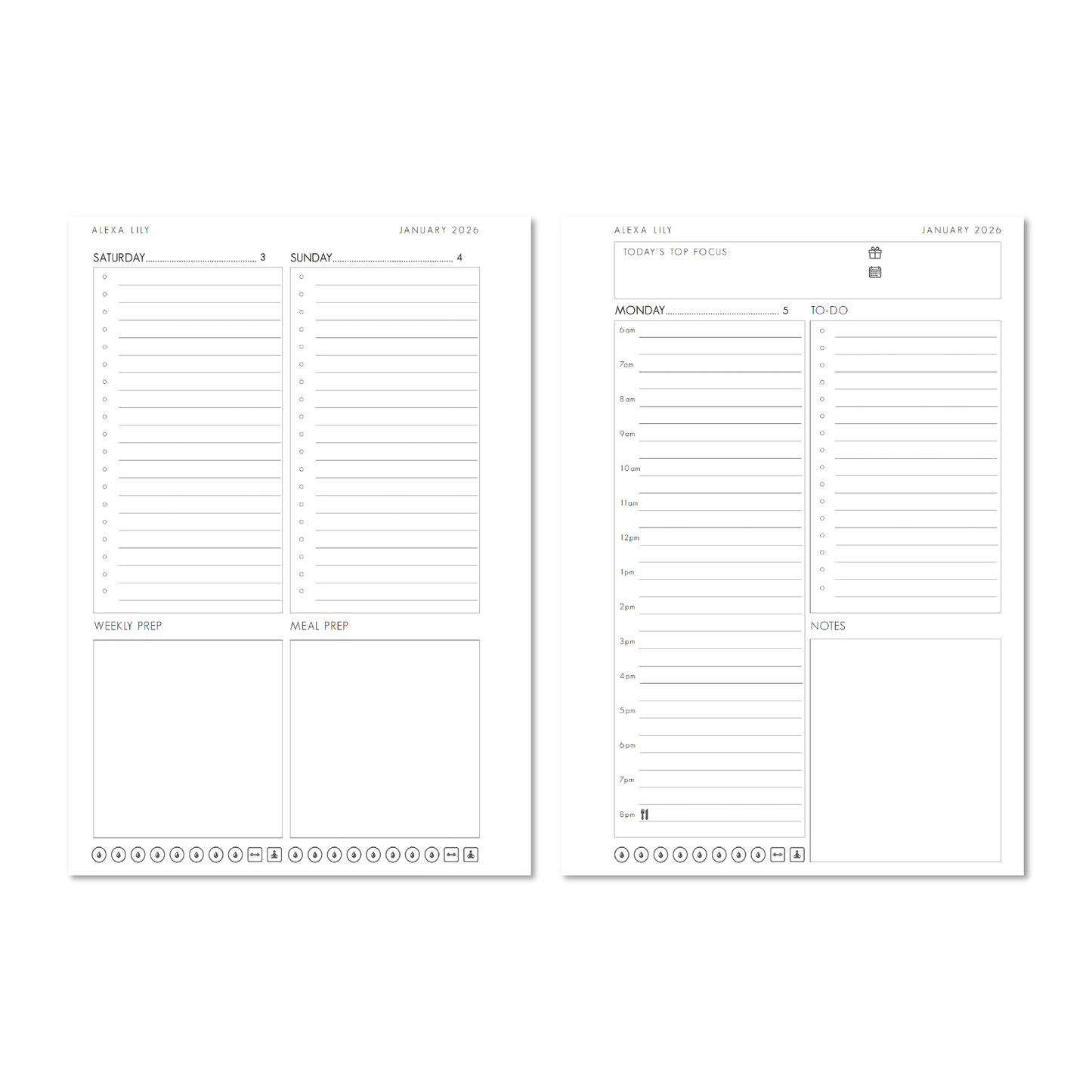 2026 daily planner by Alexa Lily with hourly schedule, to-do list, notes, and meal prep sections