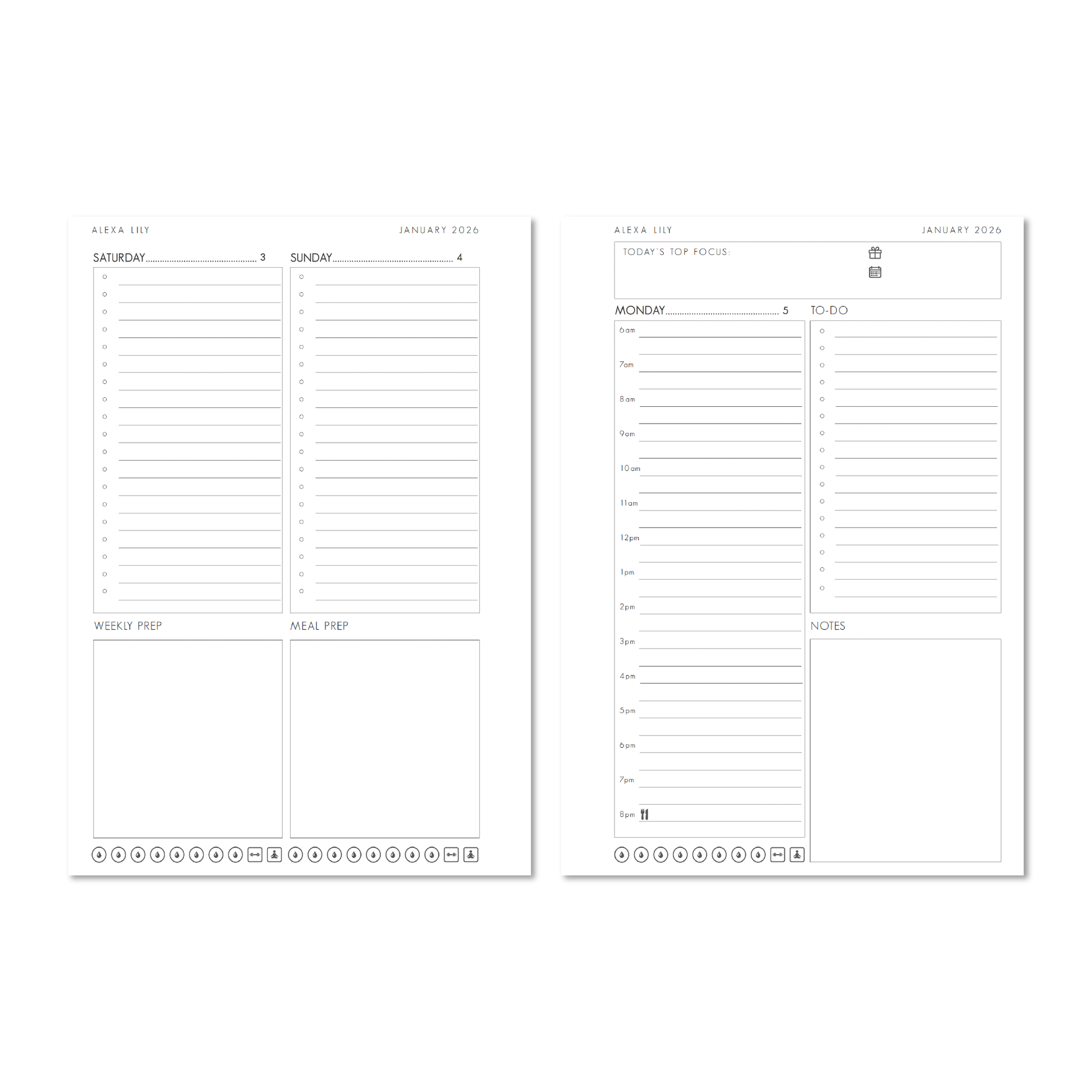 2026 daily planner by Alexa Lily with hourly schedule, to-do list, notes, and meal prep sections