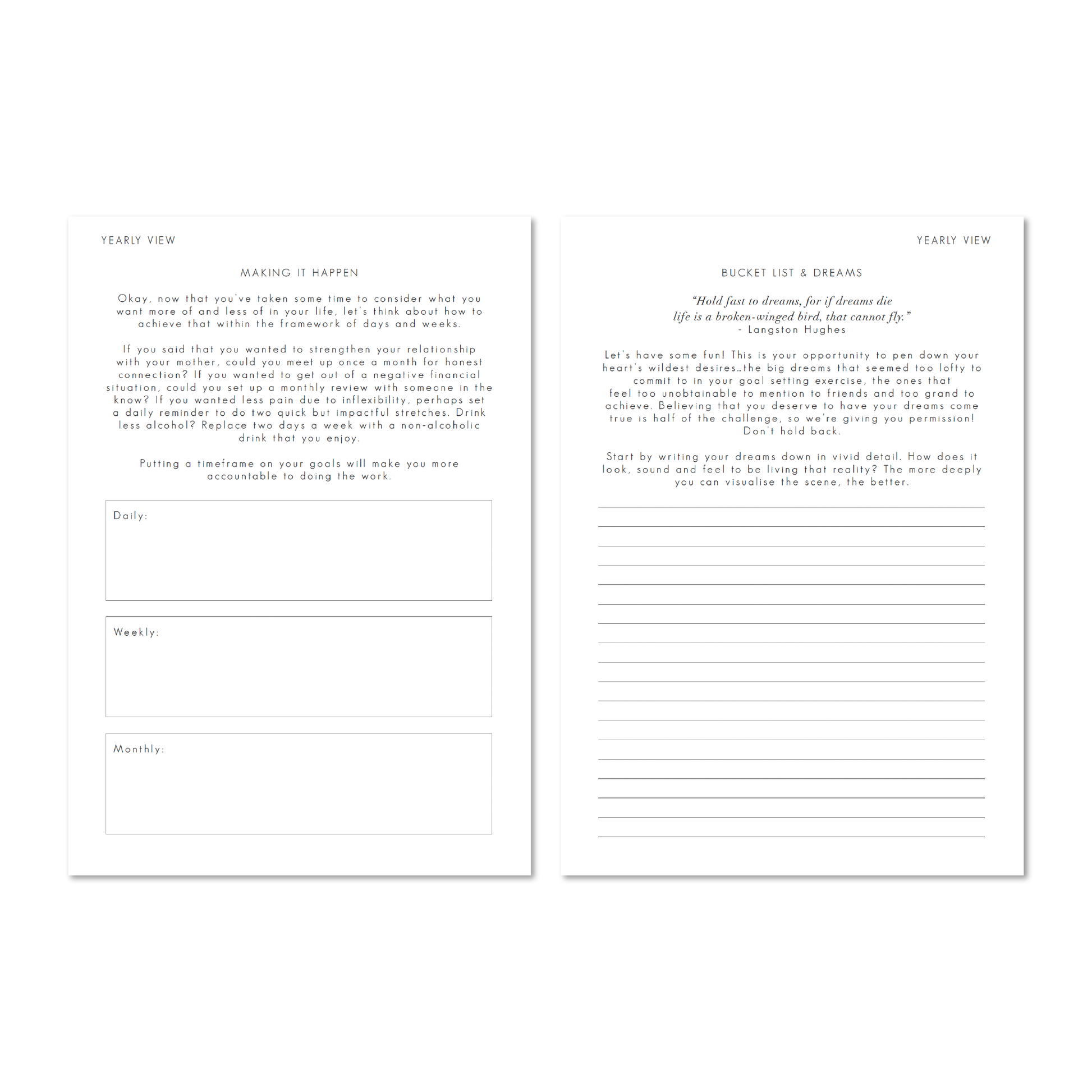 Alexa Lily 2026 daily planner with yearly view and sections for daily weekly and monthly goals